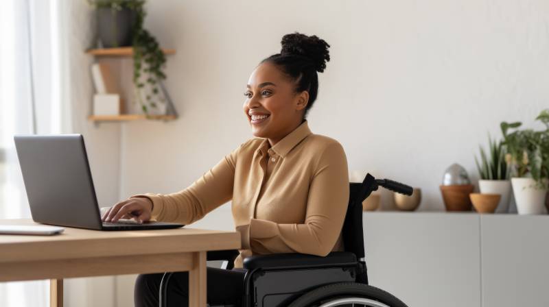 Woman in a wheelchair works from her home office.