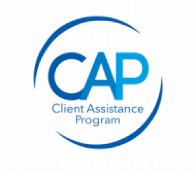 CAP logo. Blue circle with CAP in the middle with Client Assistance Program written underneath